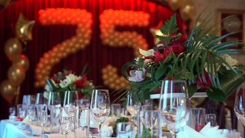Decoration and table setting for 75 year anniversary. Stock Footage 74761523