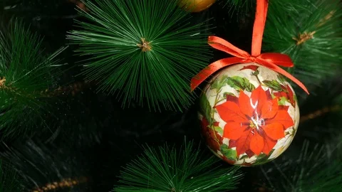 Decoration ball on Christmas tree on blinking bokeh background Stock Footage 82595691