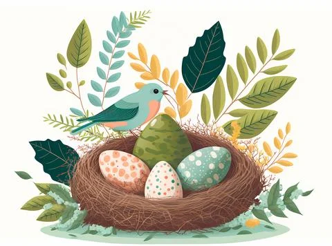 Decoration Easter Eggs with spring flowers and cute birds. Happy Easter. Stock Illustration