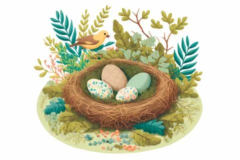 Decoration Easter Eggs with spring flowers and cute birds. Happy Easter. Stock Illustration