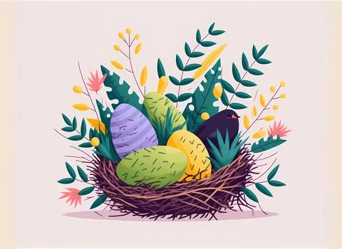 Decoration Easter Eggs with spring flowers and cute birds. Happy Easter. Stock Illustration
