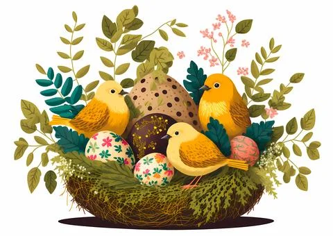 Decoration Easter Eggs with spring flowers and cute birds. Happy Easter. Stock Illustration