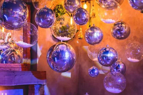 Decoration interior elements of restaurant venue banquet hall with multicolou Stock Photos