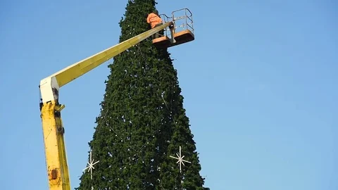 Decoration of a large urban Christmas tree. Stock Footage 83461676
