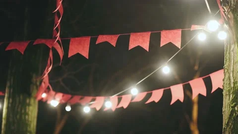 Decoration red flags and glowing Christmas garlands hanging on the street Stock Footage 166868974