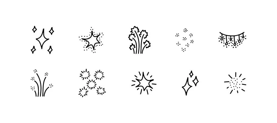 Decoration shiny light elements, line hand drawn doodle set. Abstract festive Stock Illustration