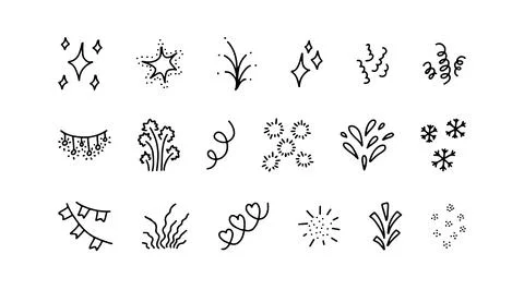 Decoration shiny light elements, line hand drawn doodle set. Abstract festi.. 库存插图
