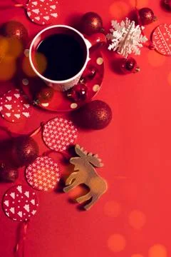 Decoration toy with coffee  in season greeting merry christmas prop on red ba Stock Photos