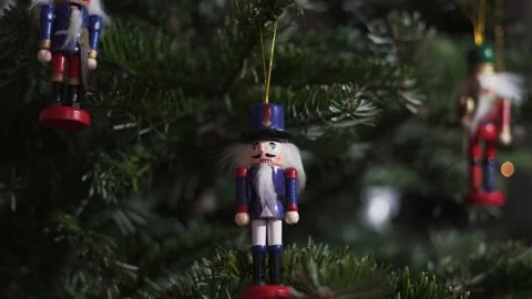 Decoration Toy Nutcracker on Christmas Tree. 4K Dolly Slider Shot. Stock Footage 146105670