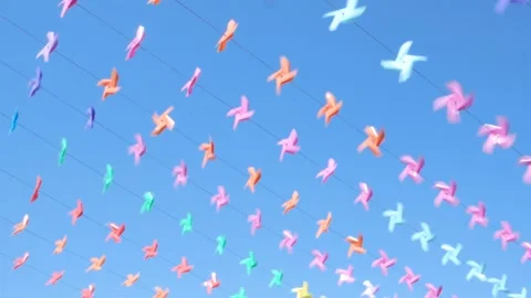 Decoration of the venue with small windmills of various colors Stock Footage 248964687