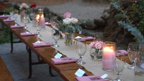 Decorations and serving the wedding table in the forest Stock Footage 103198231