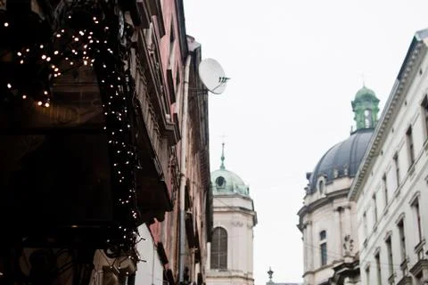 Decorations of the cafe and beautiful Baroque architecture on the background Foto stock