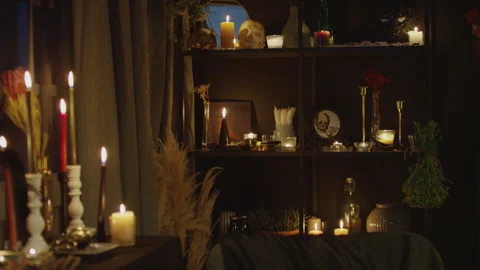 Decorations in Fortune Teller Room with Candles and Spiritual Stuff Stock Footage 247627802