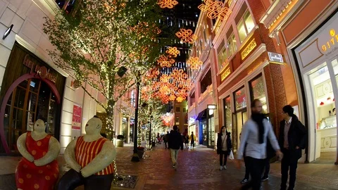 Decorations lit up at night at the Lee Tung Avenue, Hong Kong, China. Stock Footage 85591372