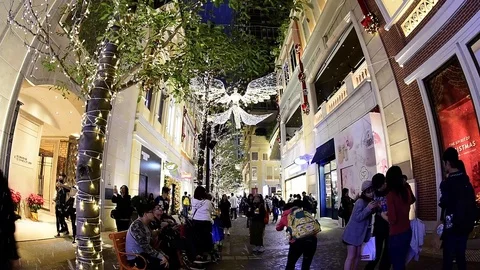 Decorations lit up at night at the Lee Tung Avenue, Hong Kong, China. Stock Footage 100138790