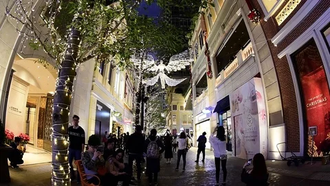 Decorations lit up at night at the Lee Tung Avenue, Hong Kong, China. Stock Footage 100138795