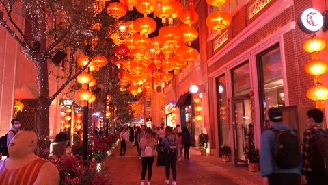 Decorations lit up at night at the Lee Tung Avenue , Hong Kong, China. Stock Footage 123693049