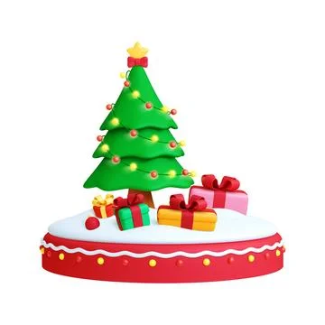 Decorative 3d composition with Christmas tree, gift boxes on snowy podium Ilustração Stock