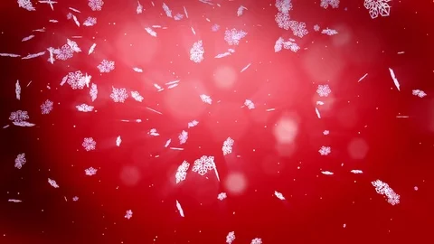Decorative 3d snowflakes float in air in slow motion and shine at night on a red Stock Footage 81487079