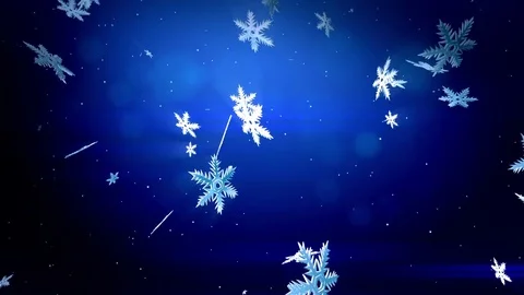 Decorative 3d snowflakes float in air in slow motion and shine on a blue Stock Footage 81725382