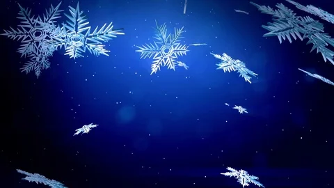 Decorative 3d snowflakes float in air in slow motion and glowing on a blue Stock Footage 83383368