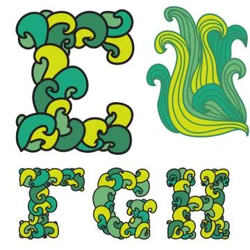 Decorative alphabet wave letters e, f, g, h, with abstract wave ornament Stock Illustration