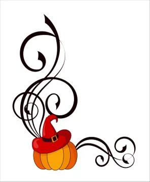 Decorative angle border with pumpkin, witch hat and swirl pattern Illustrazione stock