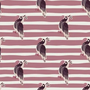 Decorative animal seamless pattern with outline parrots doodle print. Striped Illustrazione stock