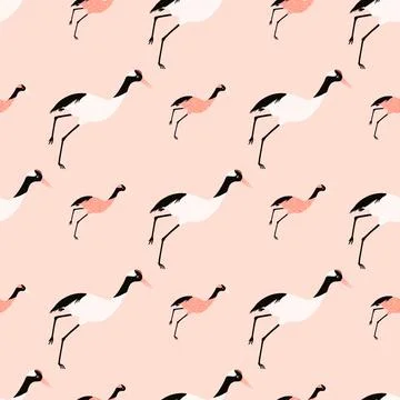 Decorative animal seamless pattern in pink and white tones with crane bird or Stock Illustration