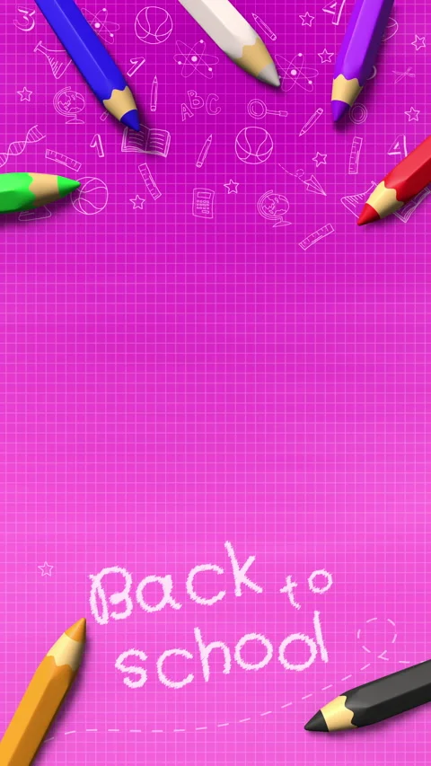 Decorative animated frame of 3D pencils on a pink background with drawn icons Video stock 314816948