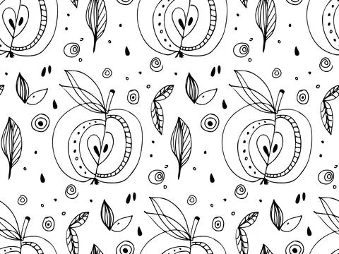 Decorative Apples with leaf hand drawn doodle sketch seamless pattern. Linear Stock Illustration
