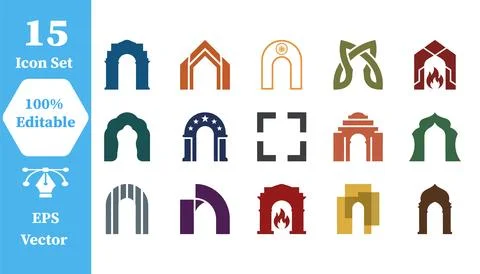 Decorative arch icons set representing historical gateways with architecture Stock Illustration