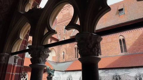 Decorative arched window opening in High Castle, Malbork Castle, Poland Stock Footage 343447615