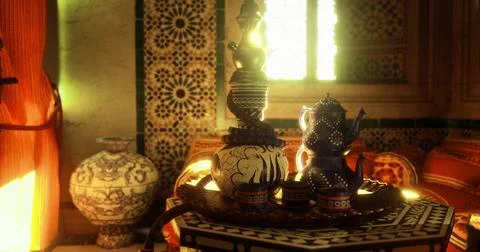 Decorative artifacts placed on a table inside a traditional room Stock Illustration