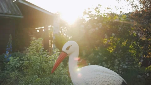 Decorative artificial plastic fake bird in backyard garden, stork imitation Stock Footage 207020863