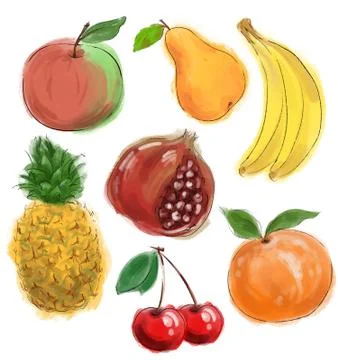 Decorative background with drawings of bright colored juicy tasty exotic fruits Illustrazione stock