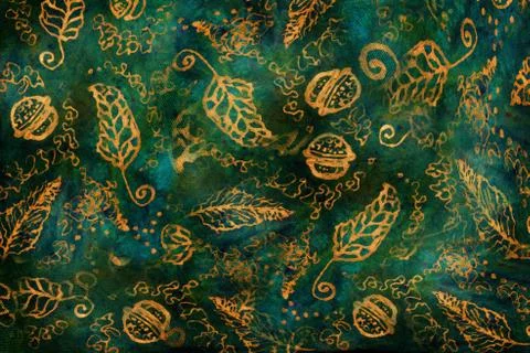 Decorative background pattern with golden ornamental feathers and jingle bells. Illustrazione stock