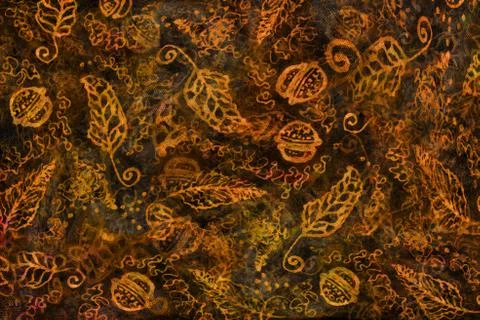 Decorative background pattern with golden ornamental feathers and jingle bells. Stock Illustration