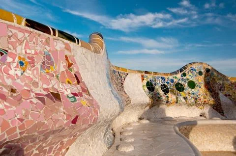 Decorative bench in the centre of Guell Park, Barcelona, Spain. Stock Photos