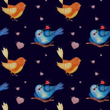 Decorative birds seamless pattern. Magic blue bird with red flower and orange Stock Illustration