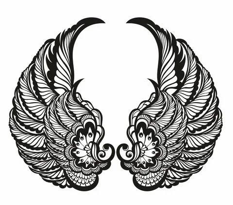 Decorative black and white a pair of bird wings. Art Design. Stock Illustration