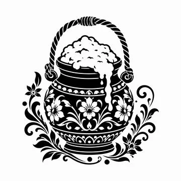Decorative black and white vector illustration of an ornate pot filled with.. Illustration