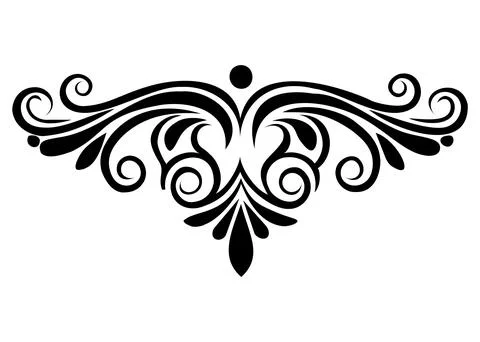 A decorative black design featuring swirling lines and teardrop shapes on a p Stock Illustration