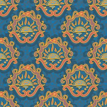 Decorative Block Print Style Repeat Pattern In Blue And Gold Stock Illustration