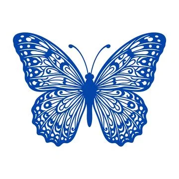 Decorative blue butterfly with intricate patterns for nature or art theme. Stock Illustration