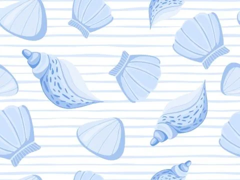 Decorative blue seashells stripe vector seamless pattern. Illustrazione stock