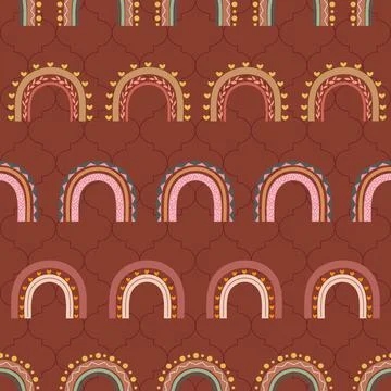 Decorative boho rainbows seamless pattern on brown background Stock Illustration