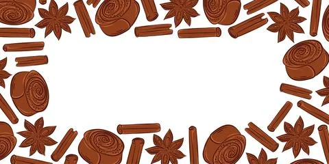 Decorative border of cinnamon roll, cinnamon stick and star anise in flat style. Stock Illustration