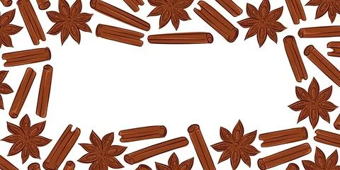 Decorative border frame with cinnamon stick and star anise spices on white Stock Illustration