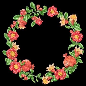Decorative border vector frame wreath with pomegranate fruits and flowers Stock Illustration
